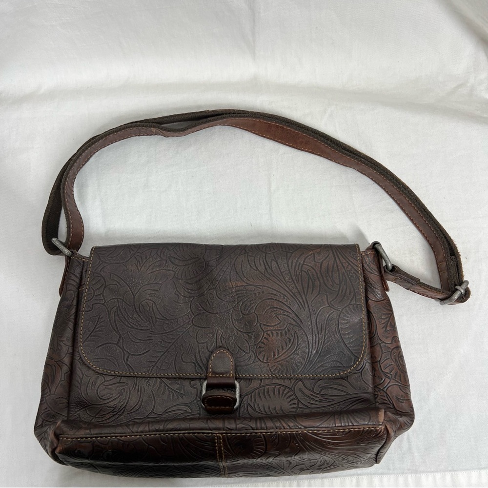 Jack Georges floral tooled brown leather cross shoulder bag